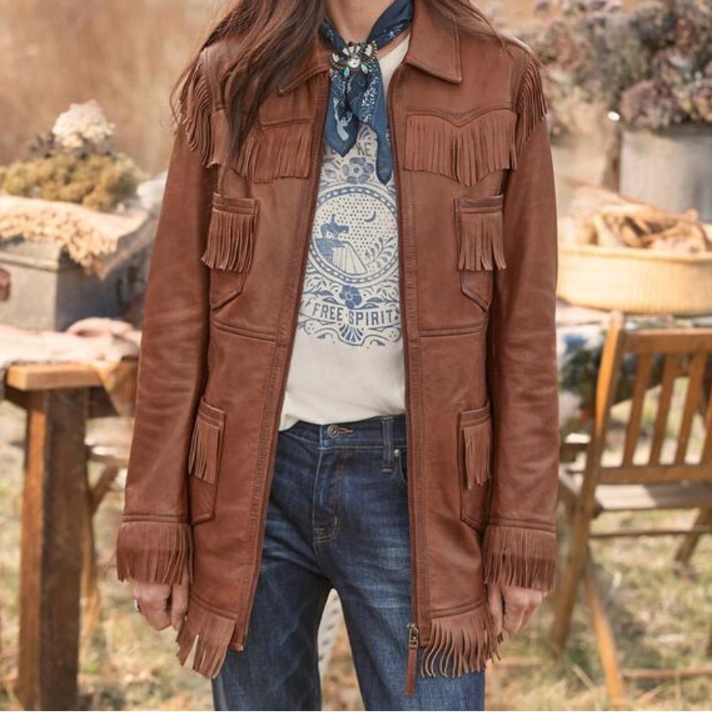 Sundance Chestnut Brown Fringe Leather Jacket - Picture 1 of 7